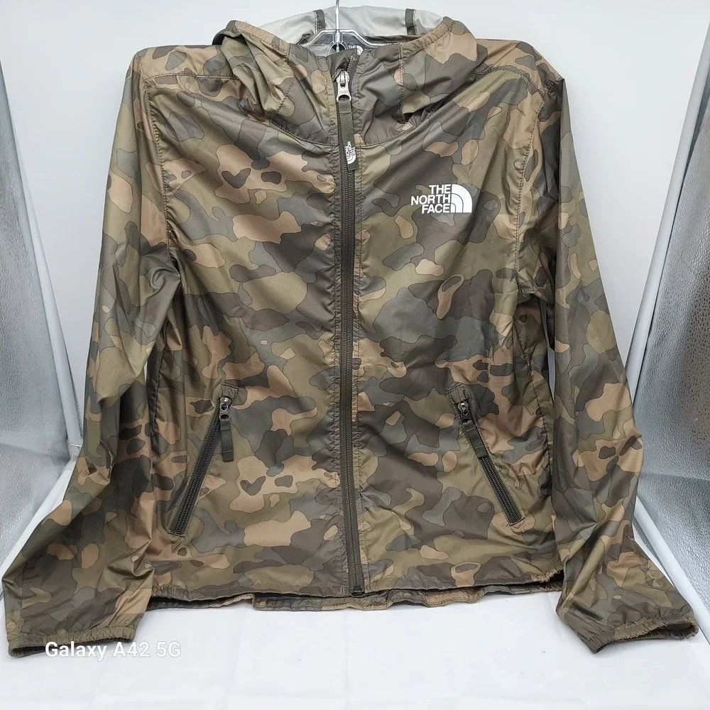 The North Face Youth Windwall Camo Hooded Windbreaker Jacket Brown Green M 10/12